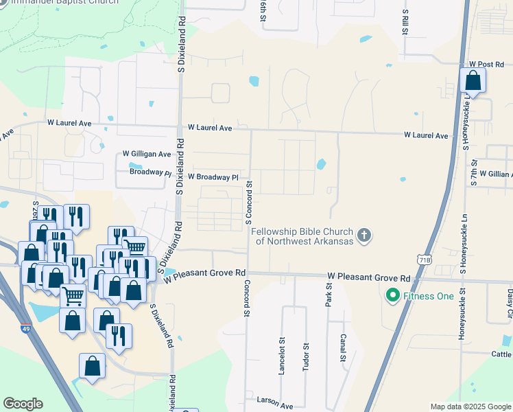map of restaurants, bars, coffee shops, grocery stores, and more near 3571 South Concord Street in Rogers