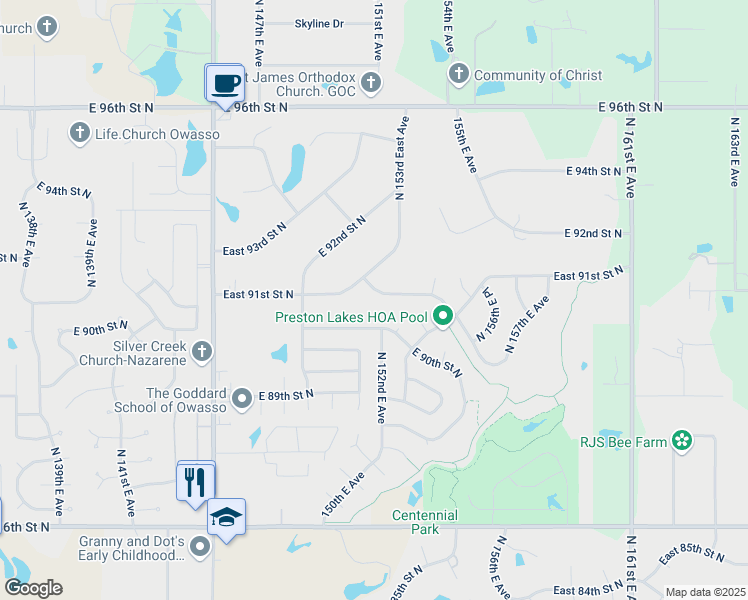 map of restaurants, bars, coffee shops, grocery stores, and more near 15324 East 91st Street North in Owasso