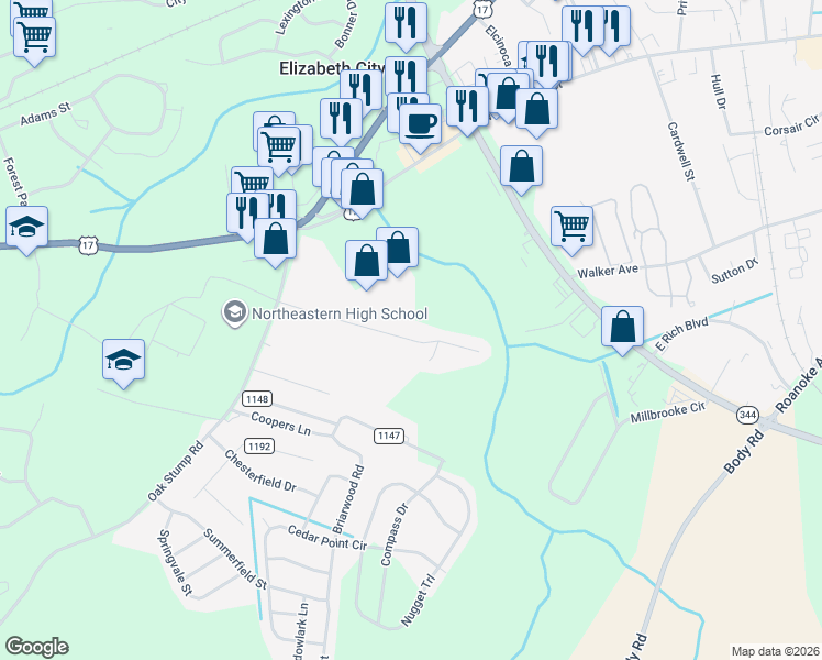 map of restaurants, bars, coffee shops, grocery stores, and more near 130 Ranch Drive in Elizabeth City
