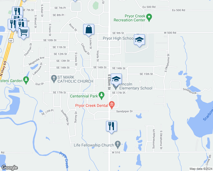 map of restaurants, bars, coffee shops, grocery stores, and more near 1513 Meadow Trace Drive in Pryor