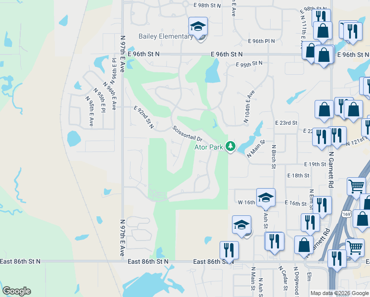 map of restaurants, bars, coffee shops, grocery stores, and more near 9117 North 102nd East Avenue in Owasso