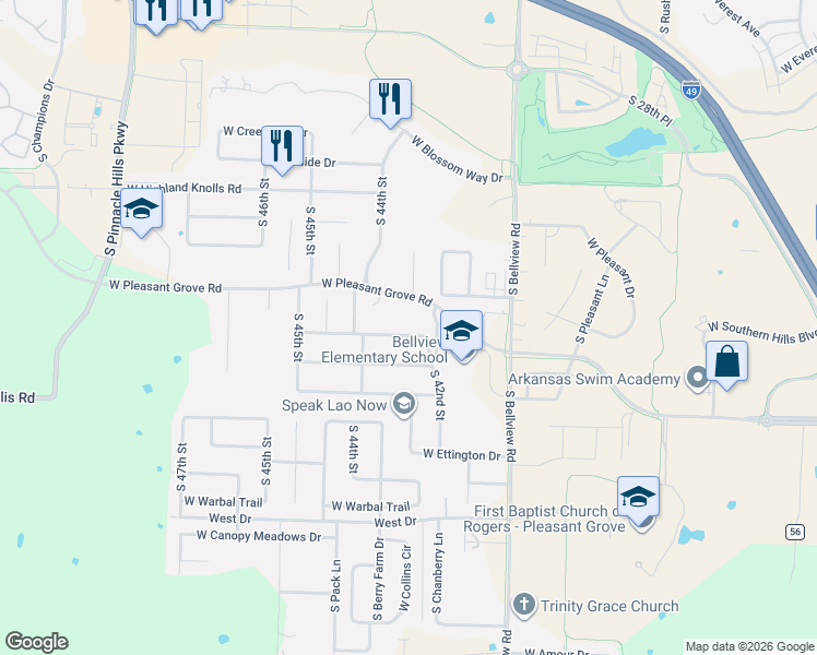 map of restaurants, bars, coffee shops, grocery stores, and more near 4301 West Worthington Drive in Rogers