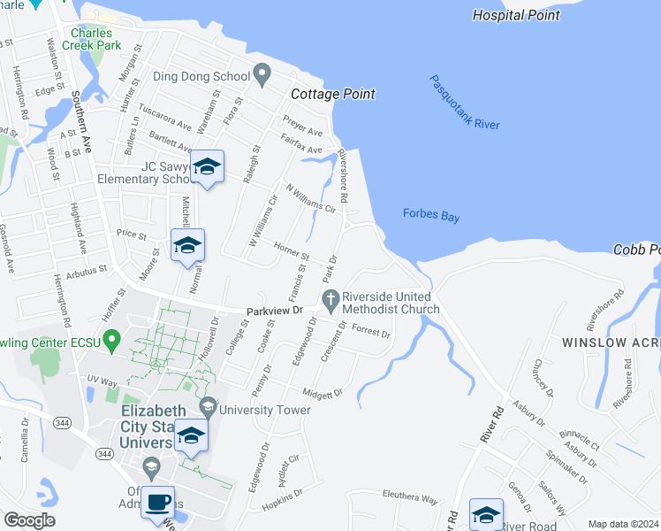 map of restaurants, bars, coffee shops, grocery stores, and more near Park Drive in Elizabeth City