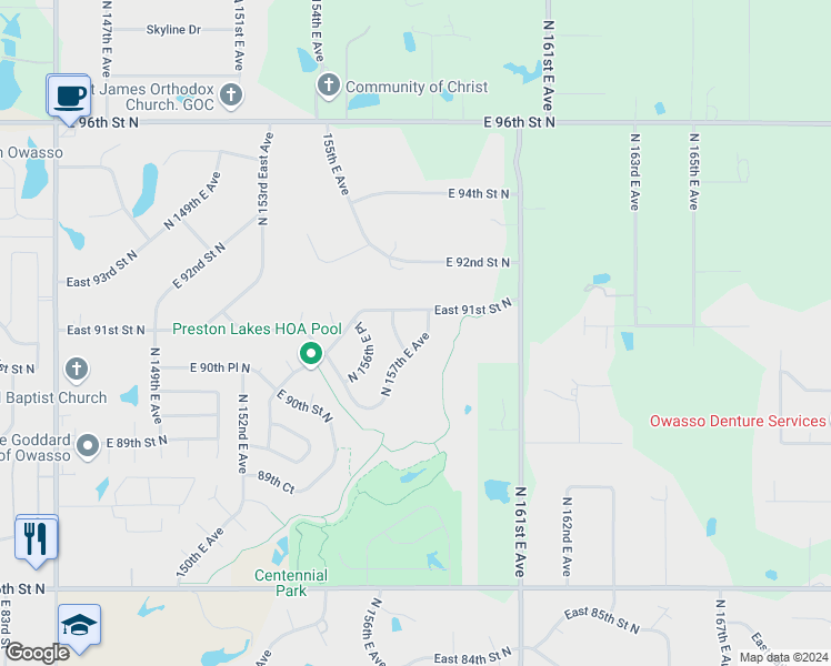 map of restaurants, bars, coffee shops, grocery stores, and more near 9020 North 157th East Avenue in Owasso