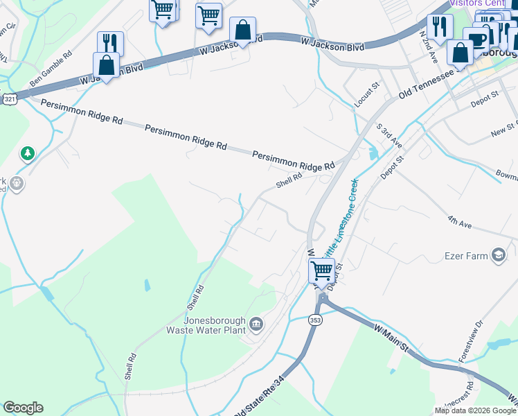 map of restaurants, bars, coffee shops, grocery stores, and more near 902 Charlem Court in Jonesborough