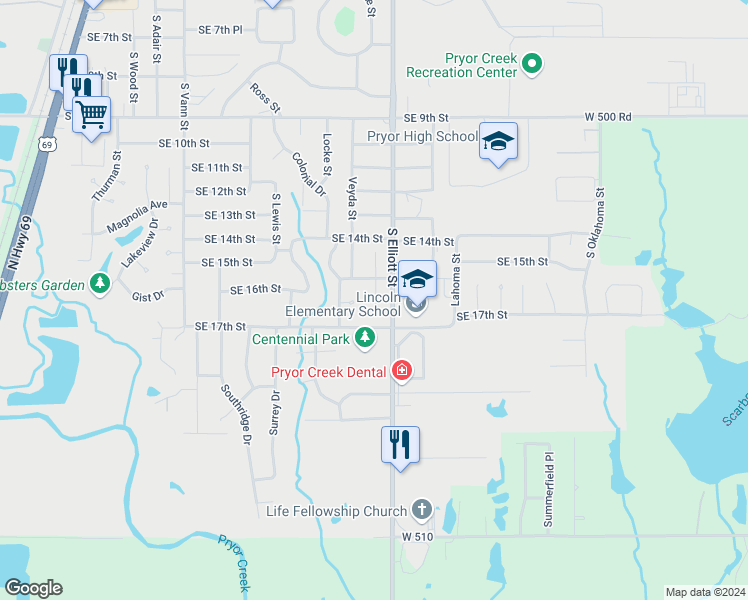 map of restaurants, bars, coffee shops, grocery stores, and more near 1500 Meadow Trace Drive in Pryor