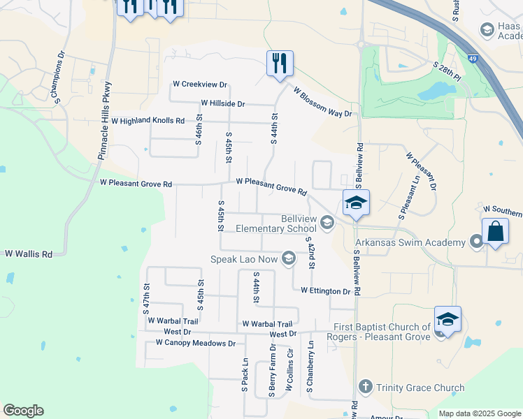 map of restaurants, bars, coffee shops, grocery stores, and more near 5311 South 44th Street in Rogers