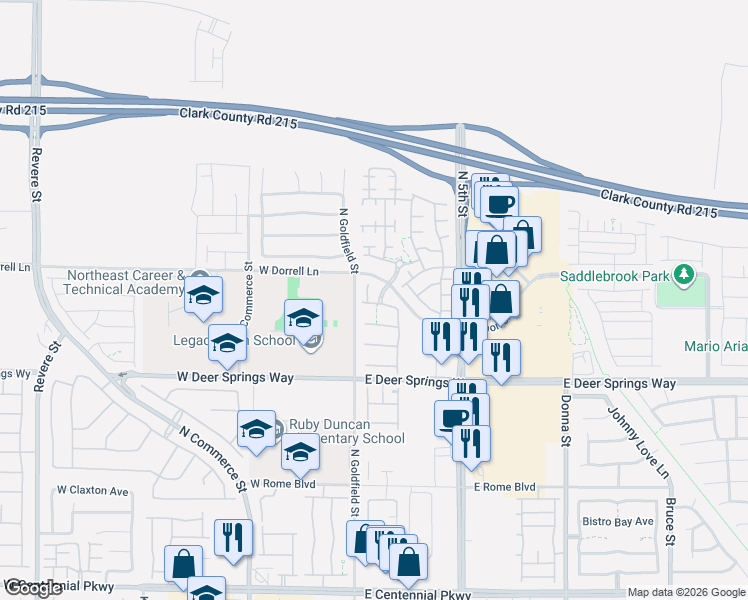 map of restaurants, bars, coffee shops, grocery stores, and more near 6954 Jacksboro Court in North Las Vegas