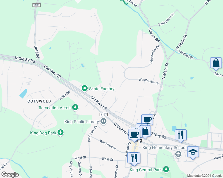 map of restaurants, bars, coffee shops, grocery stores, and more near 110 South Main Street in King