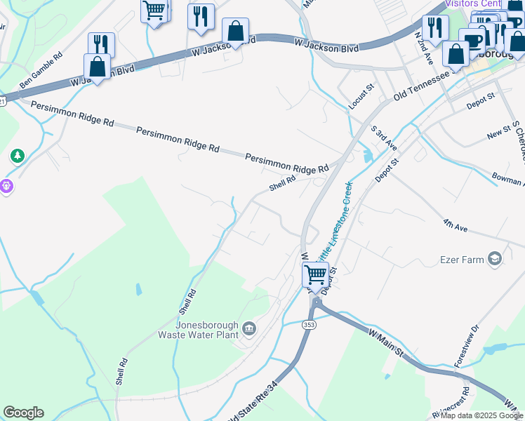 map of restaurants, bars, coffee shops, grocery stores, and more near 115 Charlem Hills Road in Jonesborough