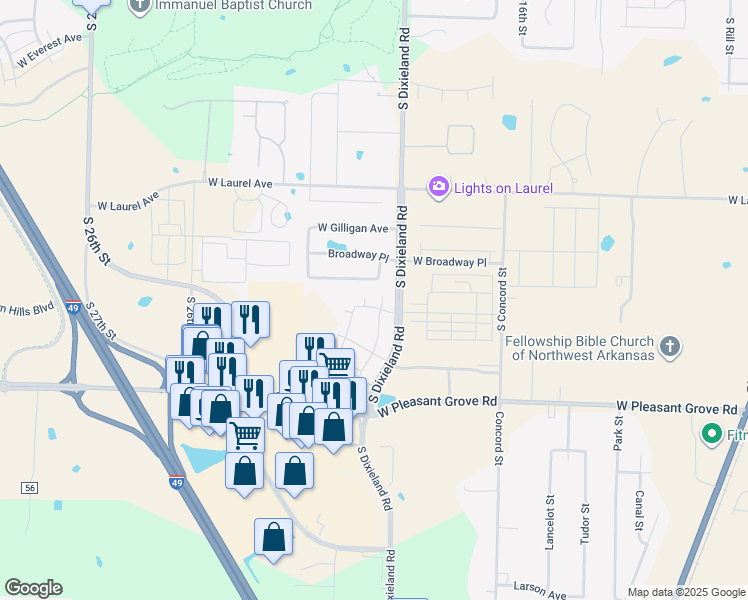 map of restaurants, bars, coffee shops, grocery stores, and more near 4000 South Dixieland Road in Rogers