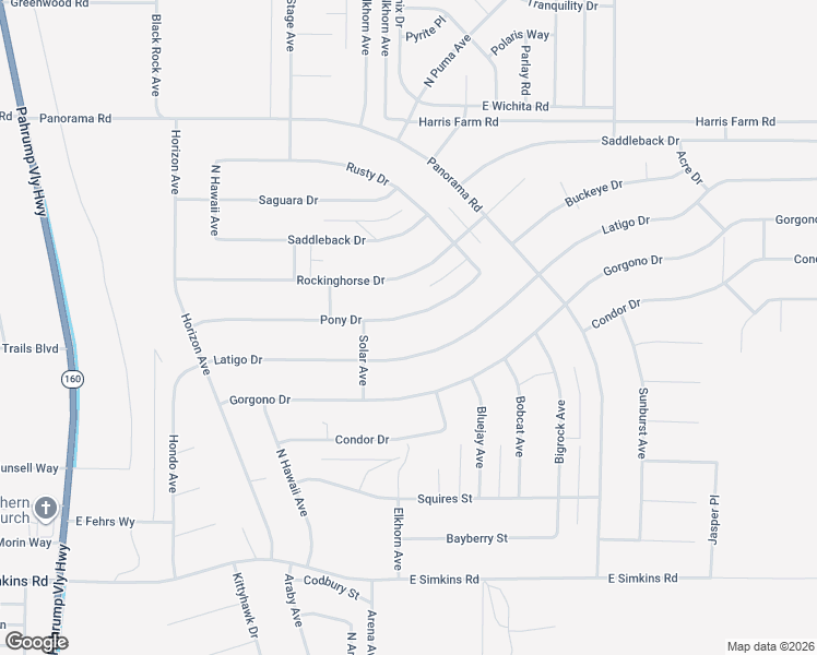 map of restaurants, bars, coffee shops, grocery stores, and more near 1531 Pony Drive in Pahrump