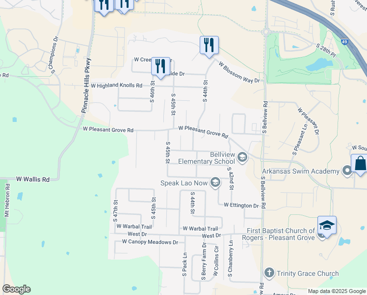 map of restaurants, bars, coffee shops, grocery stores, and more near 5311 South 44th Place in Rogers