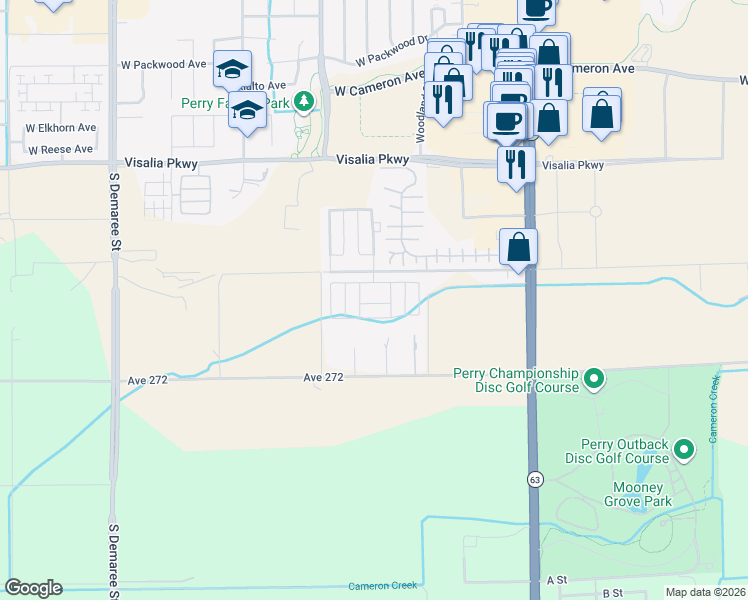 map of restaurants, bars, coffee shops, grocery stores, and more near 2627 West Midvalley Avenue in Visalia