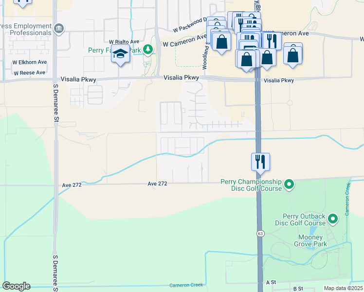 map of restaurants, bars, coffee shops, grocery stores, and more near 2627 West Midvalley Avenue in Visalia