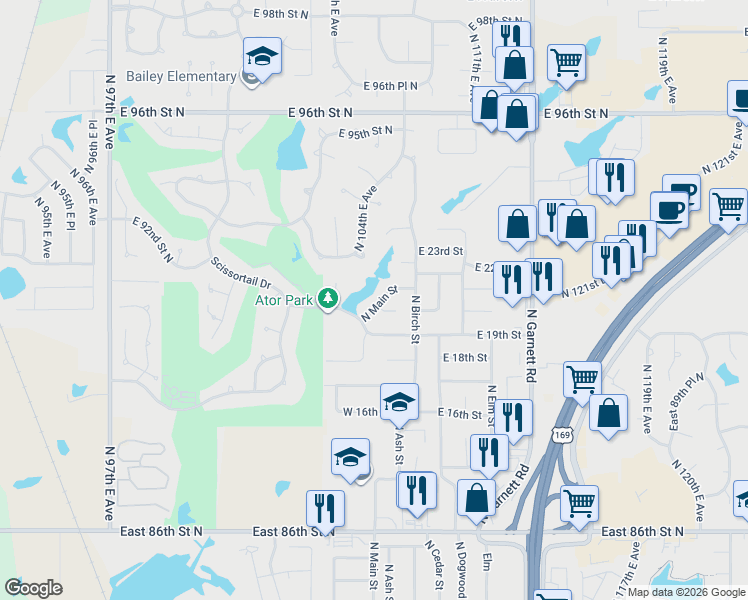 map of restaurants, bars, coffee shops, grocery stores, and more near 2005 North Main Street in Owasso