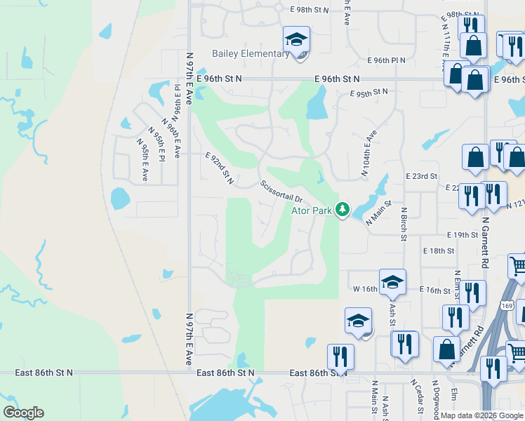 map of restaurants, bars, coffee shops, grocery stores, and more near 10106 East 91st Circle North in Owasso