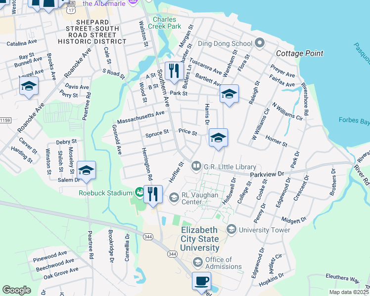 map of restaurants, bars, coffee shops, grocery stores, and more near 1313 Lincoln Street in Elizabeth City