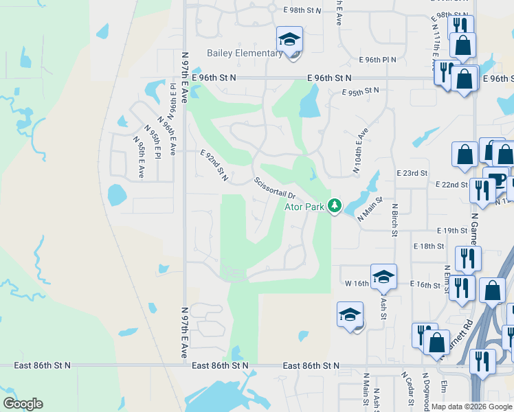 map of restaurants, bars, coffee shops, grocery stores, and more near 10106 East 91st Circle North in Owasso