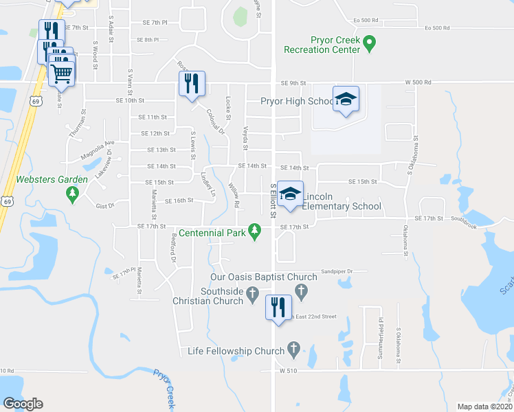 map of restaurants, bars, coffee shops, grocery stores, and more near 1512 Meadow Trace Drive in Pryor