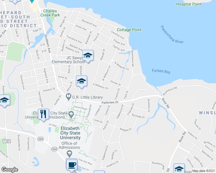 map of restaurants, bars, coffee shops, grocery stores, and more near 1324 South Williams Circle in Elizabeth City