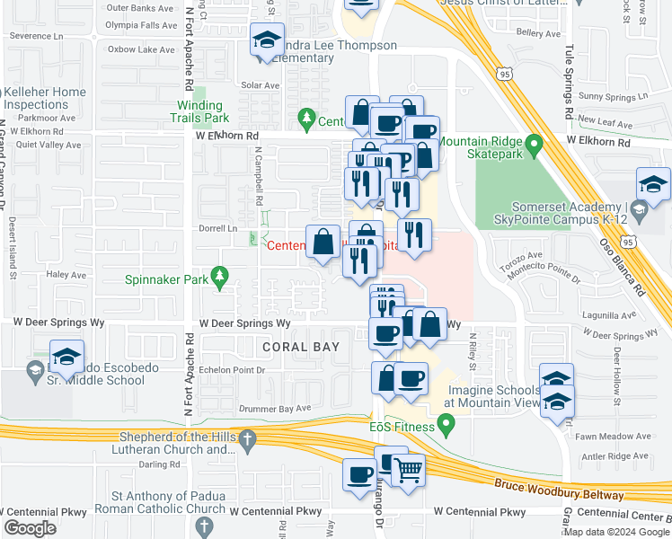 map of restaurants, bars, coffee shops, grocery stores, and more near 6955 North Durango Drive in Las Vegas