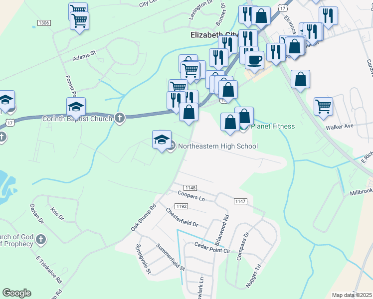 map of restaurants, bars, coffee shops, grocery stores, and more near 963 Oak Stump Road in Elizabeth City