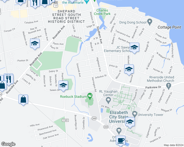 map of restaurants, bars, coffee shops, grocery stores, and more near 500 Magnolia Street in Elizabeth City