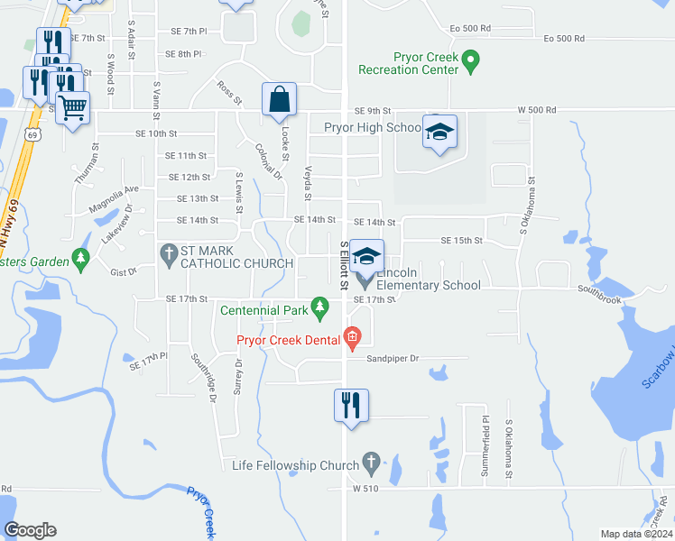 map of restaurants, bars, coffee shops, grocery stores, and more near 1509 Meadow Trace Drive in Pryor