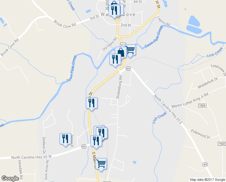 map of restaurants, bars, coffee shops, grocery stores, and more near 511 Stokesburg Road in Walnut Cove