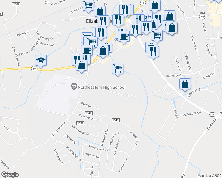 map of restaurants, bars, coffee shops, grocery stores, and more near 120 Ranch Drive in Elizabeth City