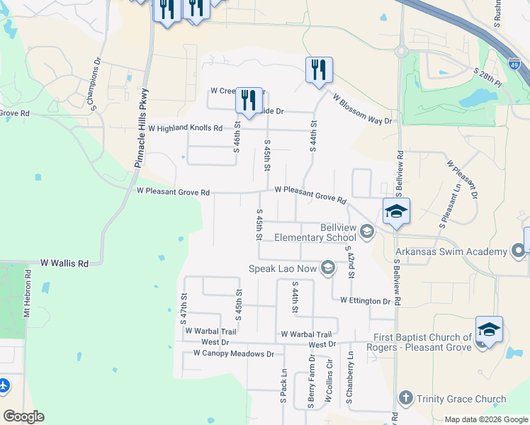 map of restaurants, bars, coffee shops, grocery stores, and more near 5309 South 45th Street in Rogers