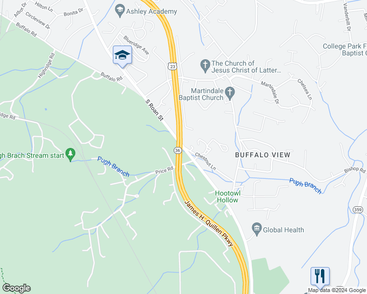 map of restaurants, bars, coffee shops, grocery stores, and more near Featheredge Dr in Johnson City
