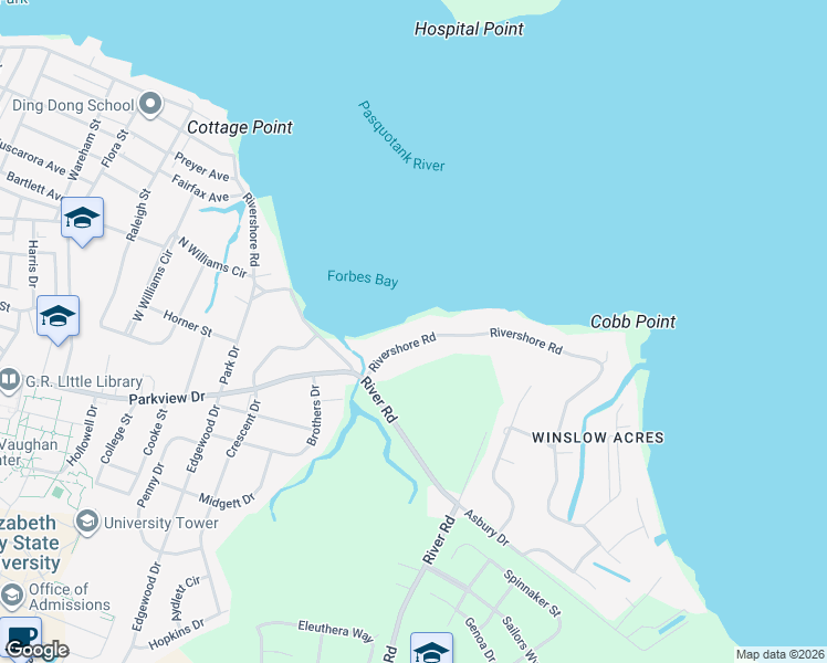 map of restaurants, bars, coffee shops, grocery stores, and more near 1824 Rivershore Road in Elizabeth City