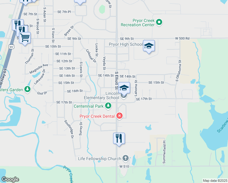 map of restaurants, bars, coffee shops, grocery stores, and more near 1505 Meadow Trace Drive in Pryor
