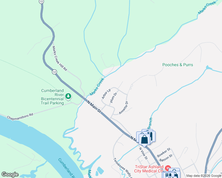 map of restaurants, bars, coffee shops, grocery stores, and more near 174 Arbor Loop in Ashland City