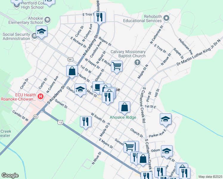 map of restaurants, bars, coffee shops, grocery stores, and more near in Ahoskie