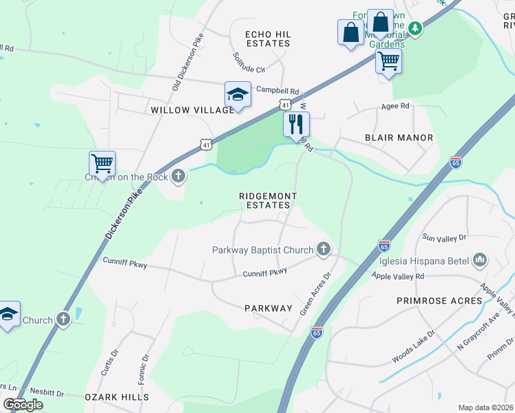 map of restaurants, bars, coffee shops, grocery stores, and more near 510 Woodshire Drive in Goodlettsville