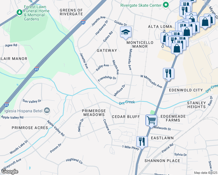 map of restaurants, bars, coffee shops, grocery stores, and more near 436 Janette Avenue in Goodlettsville