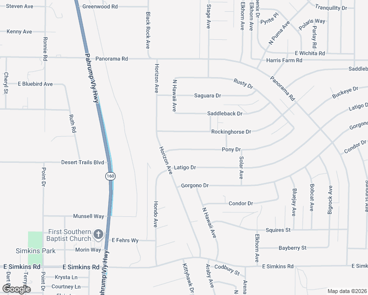 map of restaurants, bars, coffee shops, grocery stores, and more near 1190 Pony Drive in Pahrump