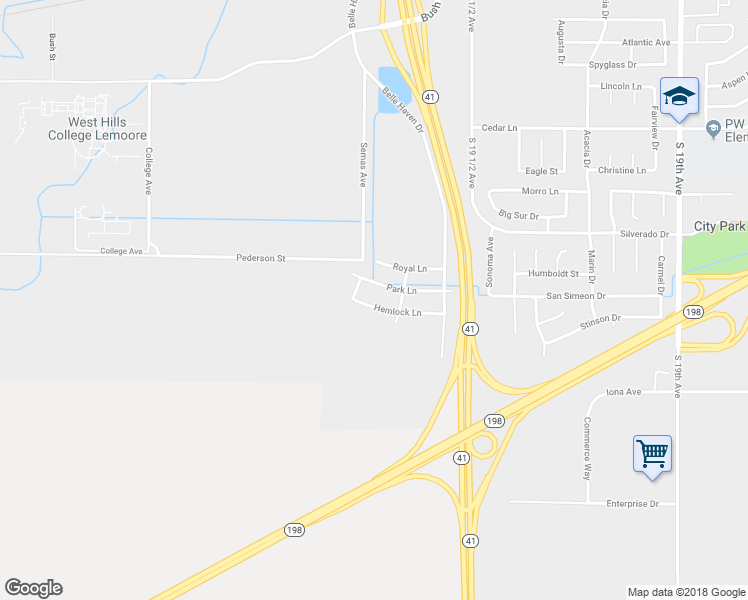 map of restaurants, bars, coffee shops, grocery stores, and more near 19722 Hemlock Lane in Lemoore