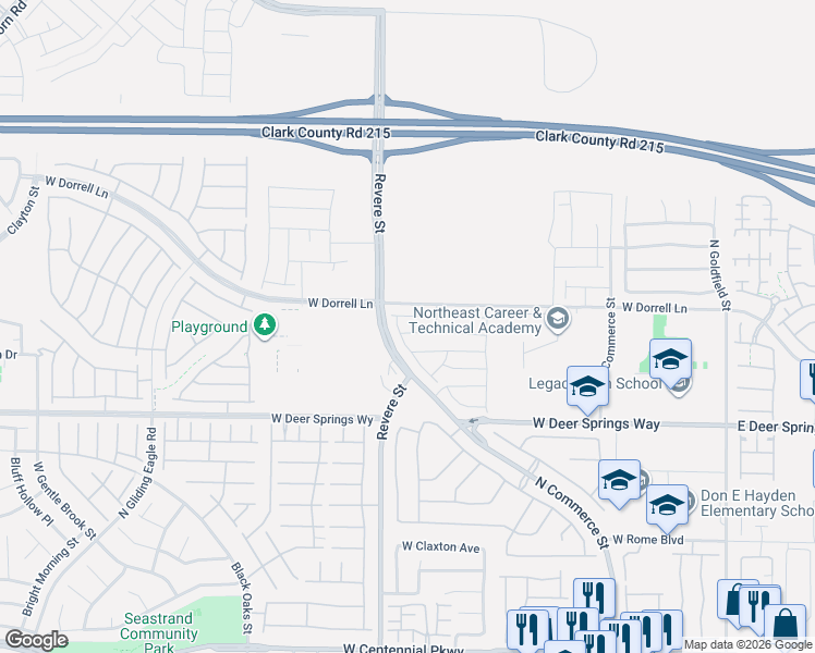 map of restaurants, bars, coffee shops, grocery stores, and more near 628 Founders Creek Avenue in North Las Vegas