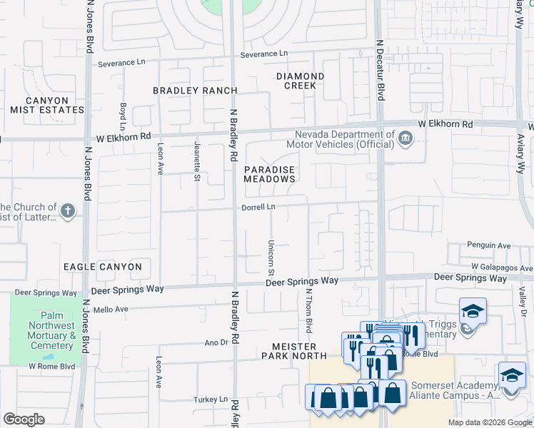 map of restaurants, bars, coffee shops, grocery stores, and more near 5300 Dorrell Lane in Las Vegas