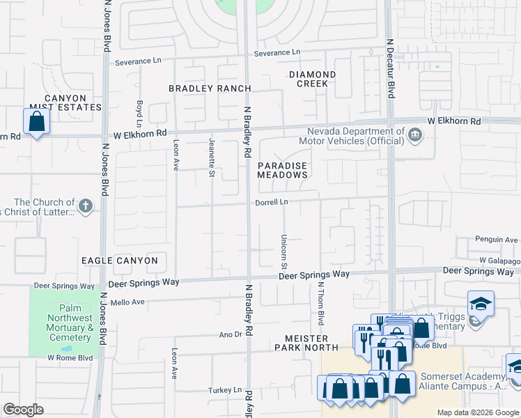 map of restaurants, bars, coffee shops, grocery stores, and more near 5353 Dorrell Lane in Las Vegas