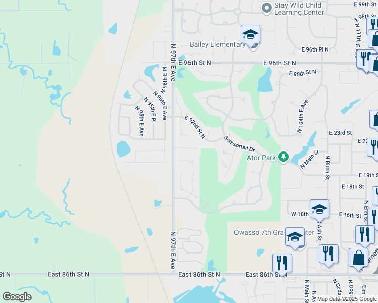 map of restaurants, bars, coffee shops, grocery stores, and more near 9730 East 92nd Street North in Owasso