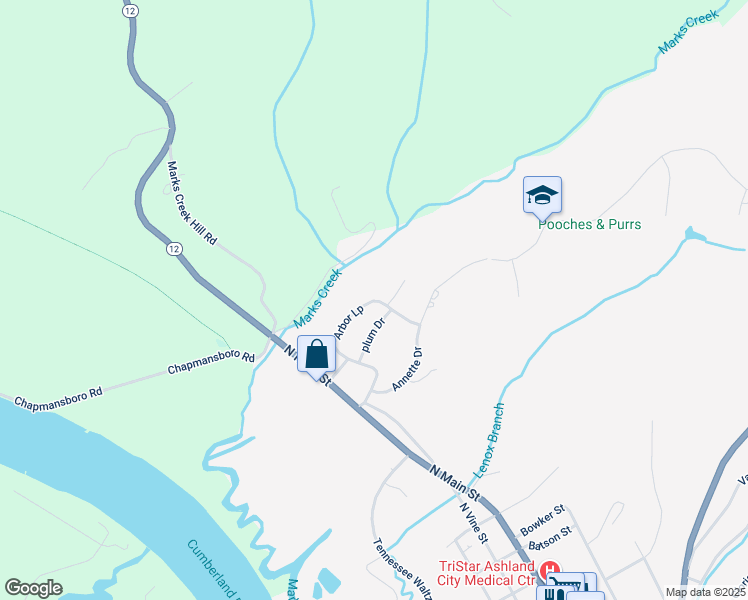 map of restaurants, bars, coffee shops, grocery stores, and more near 174 Arbor Loop in Ashland City