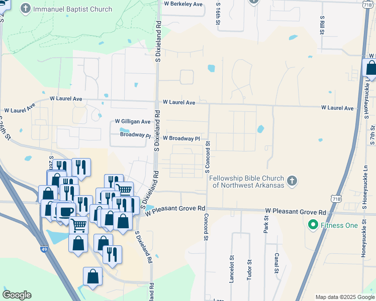map of restaurants, bars, coffee shops, grocery stores, and more near 3571 Concord Street in Rogers