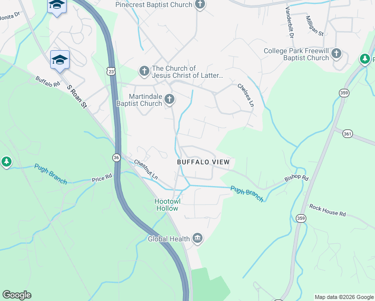 map of restaurants, bars, coffee shops, grocery stores, and more near 106 Bishop Road in Johnson City