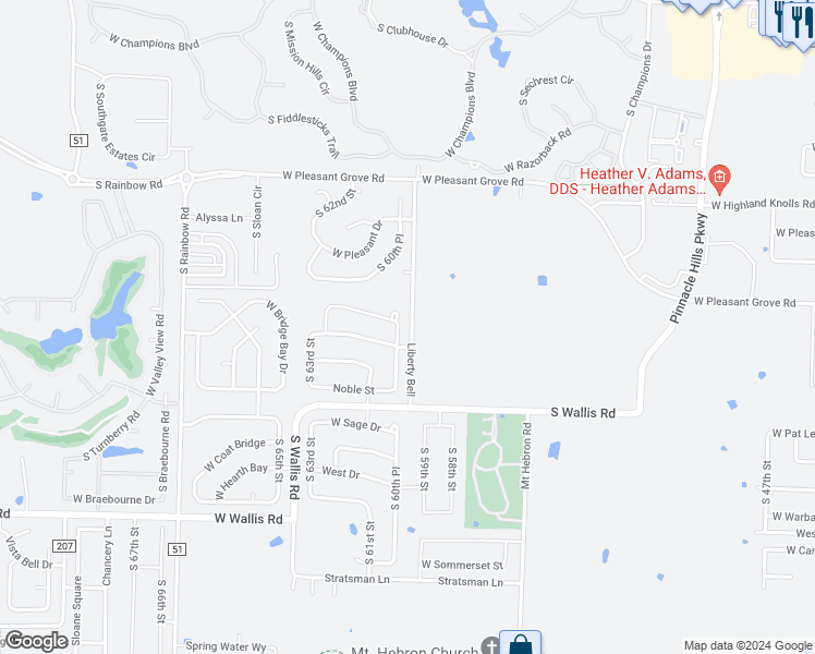 map of restaurants, bars, coffee shops, grocery stores, and more near 5307 South 60th Place in Rogers