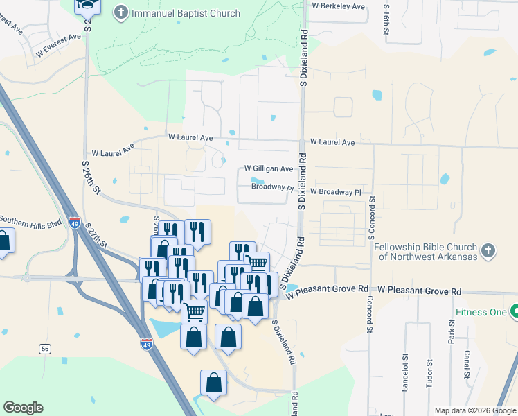 map of restaurants, bars, coffee shops, grocery stores, and more near 2024 West Chandler Avenue in Rogers